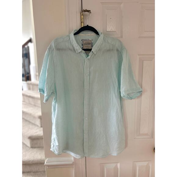 Report Collection Heritage Semi Sheer Mint Green Linen Short Sleeve Button Down - Picture 1 of 5